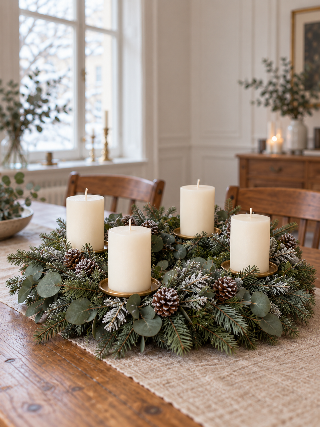 Adventskranz Eukalyptus künstlich mit 4 Kerzen, Ø 40 cm - Nahaufnahme