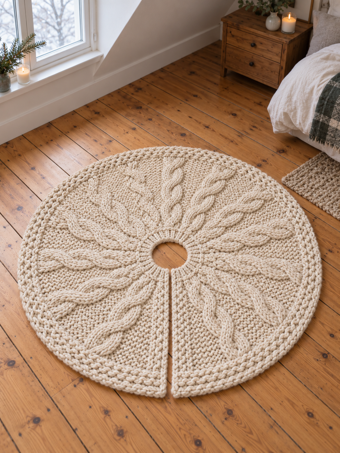 Christbaumdecke Zopfstrick Wollweiß, Ø 100 cm - Produktansicht ohne Model