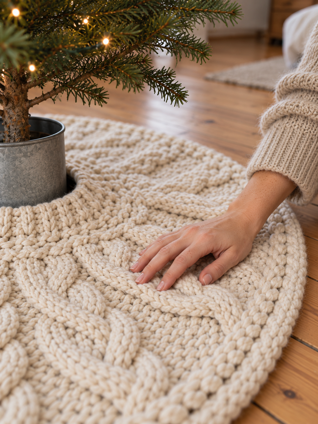 Christbaumdecke Zopfstrick Wollweiß, Ø 100 cm - Detail