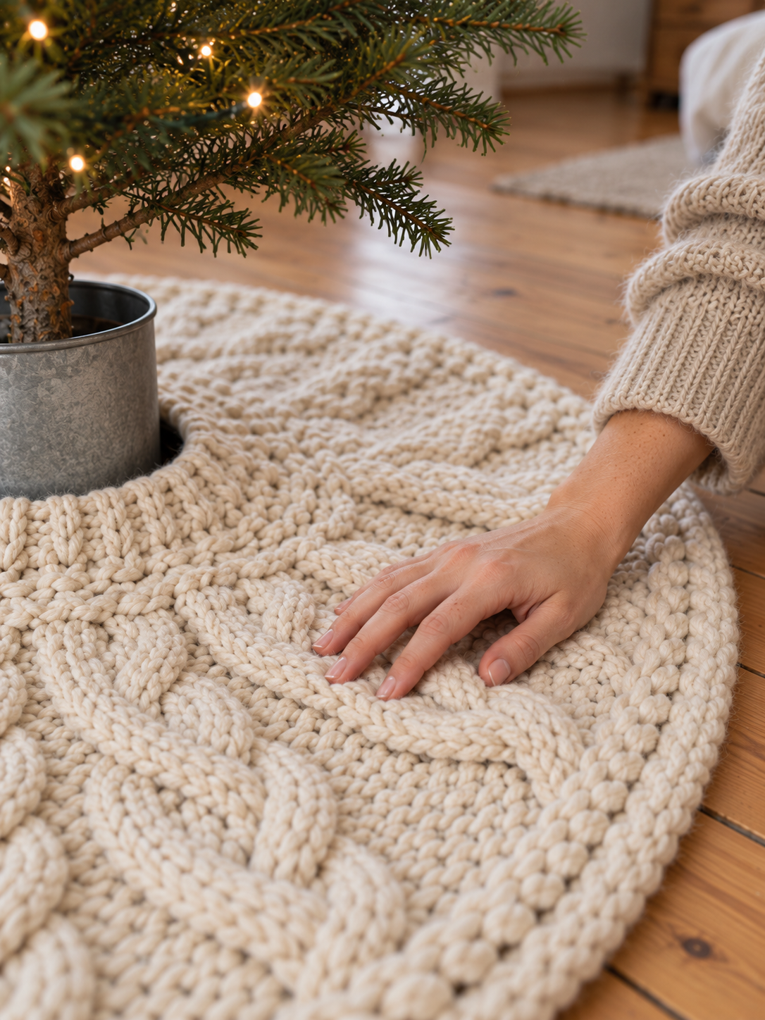 Christbaumdecke Zopfstrick Wollweiß, Ø 100 cm - Detail