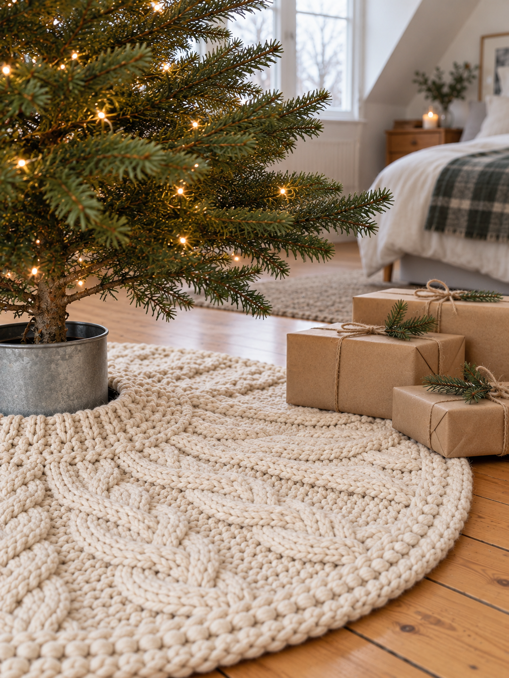 Christbaumdecke Zopfstrick Wollweiß, Ø 100 cm - Nahaufnahme