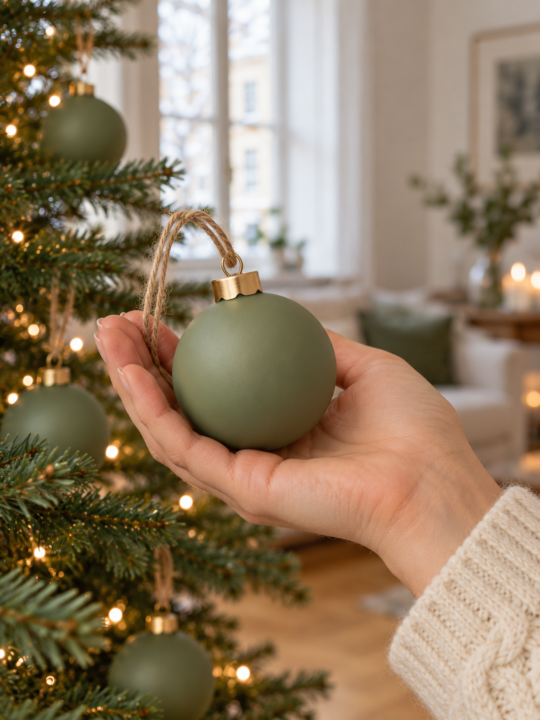 Christbaumkugeln Glas Salbeigrün matt, 6er-Set, Ø 8 cm - Detail