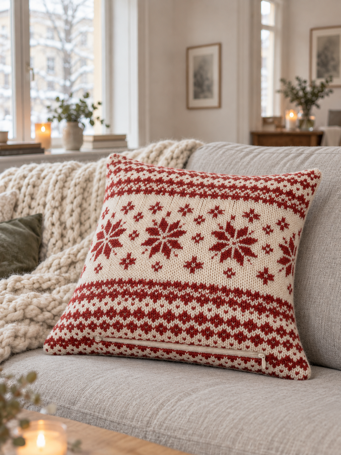 Kissenhülle Norweger-Strick Rot-Wollweiß, 45 x 45 cm - Produktansicht ohne Model