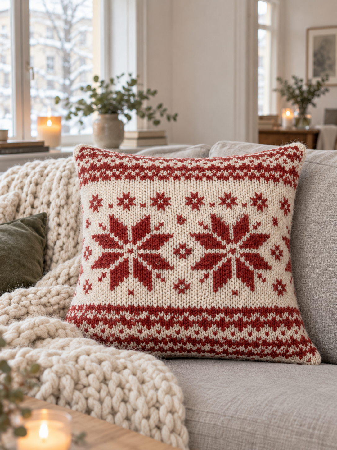 Kissenhülle Norweger-Strick Rot-Wollweiß, 45 x 45 cm - Nahaufnahme