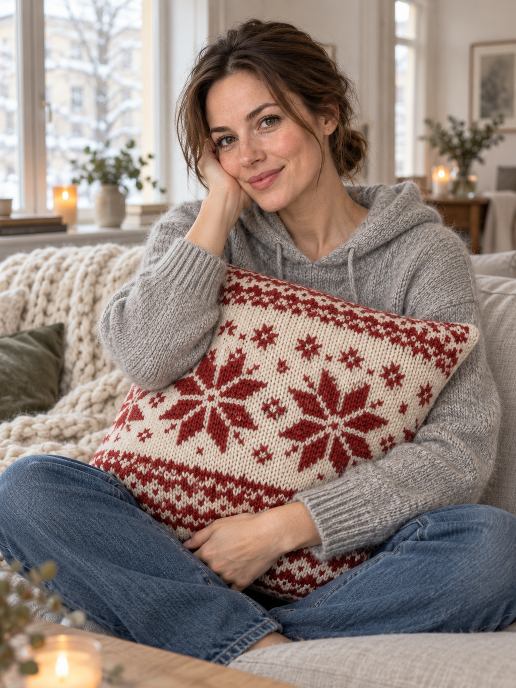 Kissenhülle Norweger-Strick Rot-Wollweiß, 45 x 45 cm - Ansicht im Wohnraum mit Model