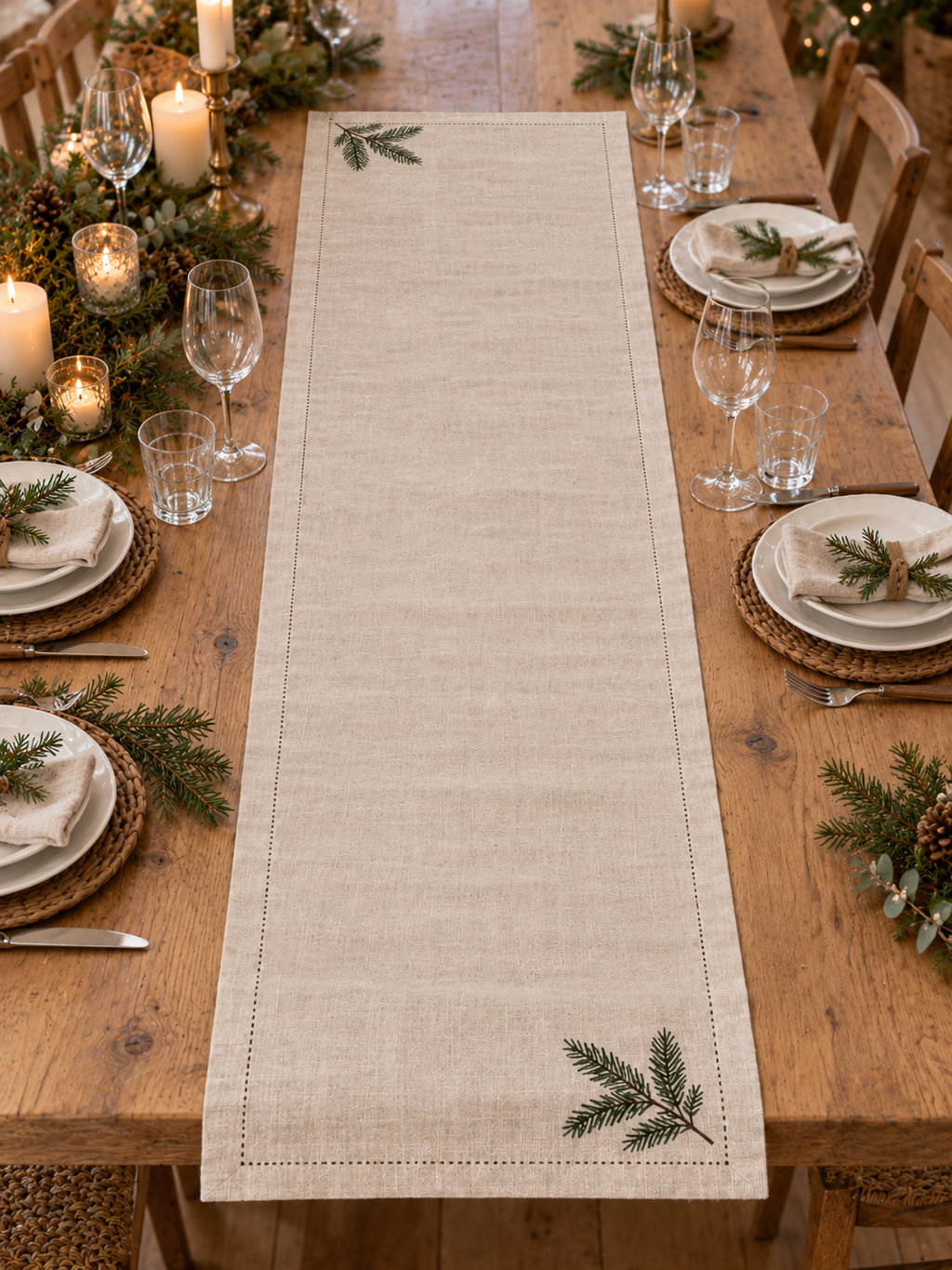 Tischläufer Leinen-Baumwolle mit Tannenzweig-Stickerei, 40 x 150 cm - Produktansicht ohne Model